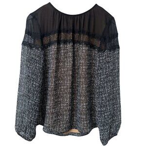 White House Black Market Black Chiffon Lace Blouse Size 12 Petite Evening Party